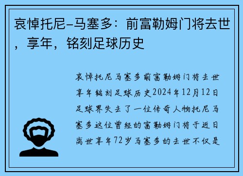 哀悼托尼-马塞多：前富勒姆门将去世，享年，铭刻足球历史