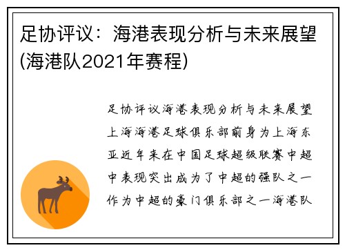 足协评议：海港表现分析与未来展望(海港队2021年赛程)
