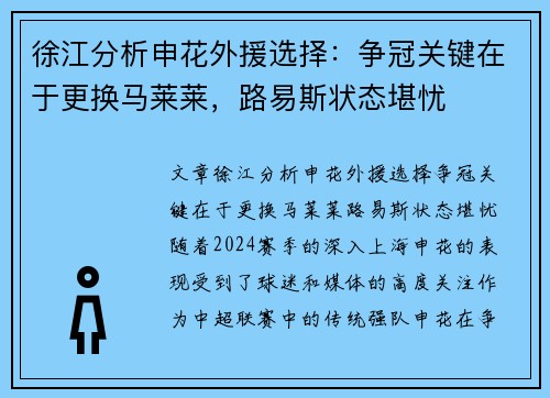 徐江分析申花外援选择：争冠关键在于更换马莱莱，路易斯状态堪忧
