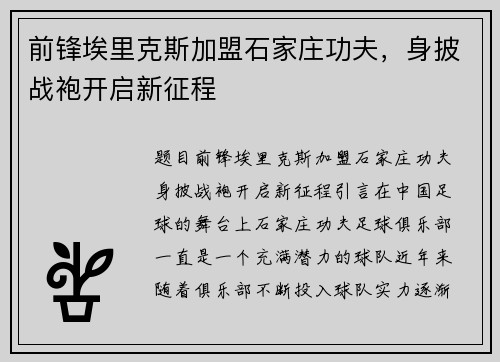 前锋埃里克斯加盟石家庄功夫，身披战袍开启新征程