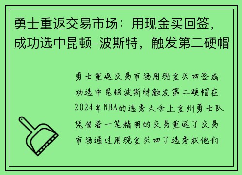 勇士重返交易市场：用现金买回签，成功选中昆顿-波斯特，触发第二硬帽