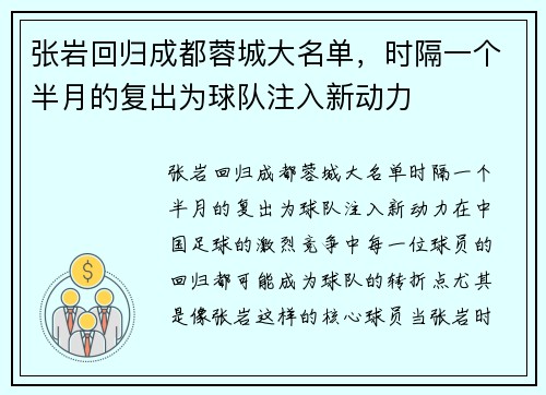 张岩回归成都蓉城大名单，时隔一个半月的复出为球队注入新动力