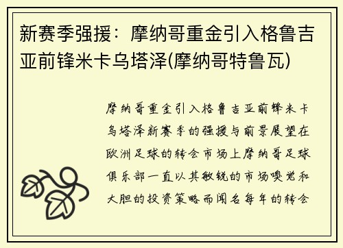 新赛季强援：摩纳哥重金引入格鲁吉亚前锋米卡乌塔泽(摩纳哥特鲁瓦)