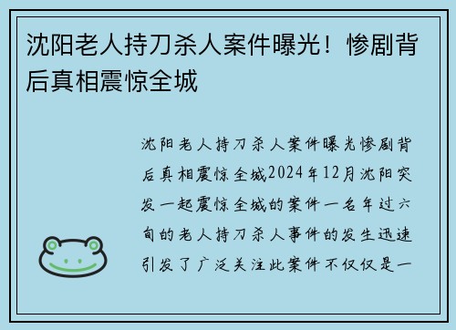 沈阳老人持刀杀人案件曝光！惨剧背后真相震惊全城